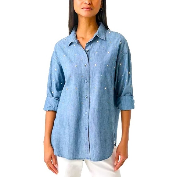 Karl Lagerfeld - NWT Imitation Pearl Blue Wash Button Down Denim Shirt Medium - Picture 1 of 16